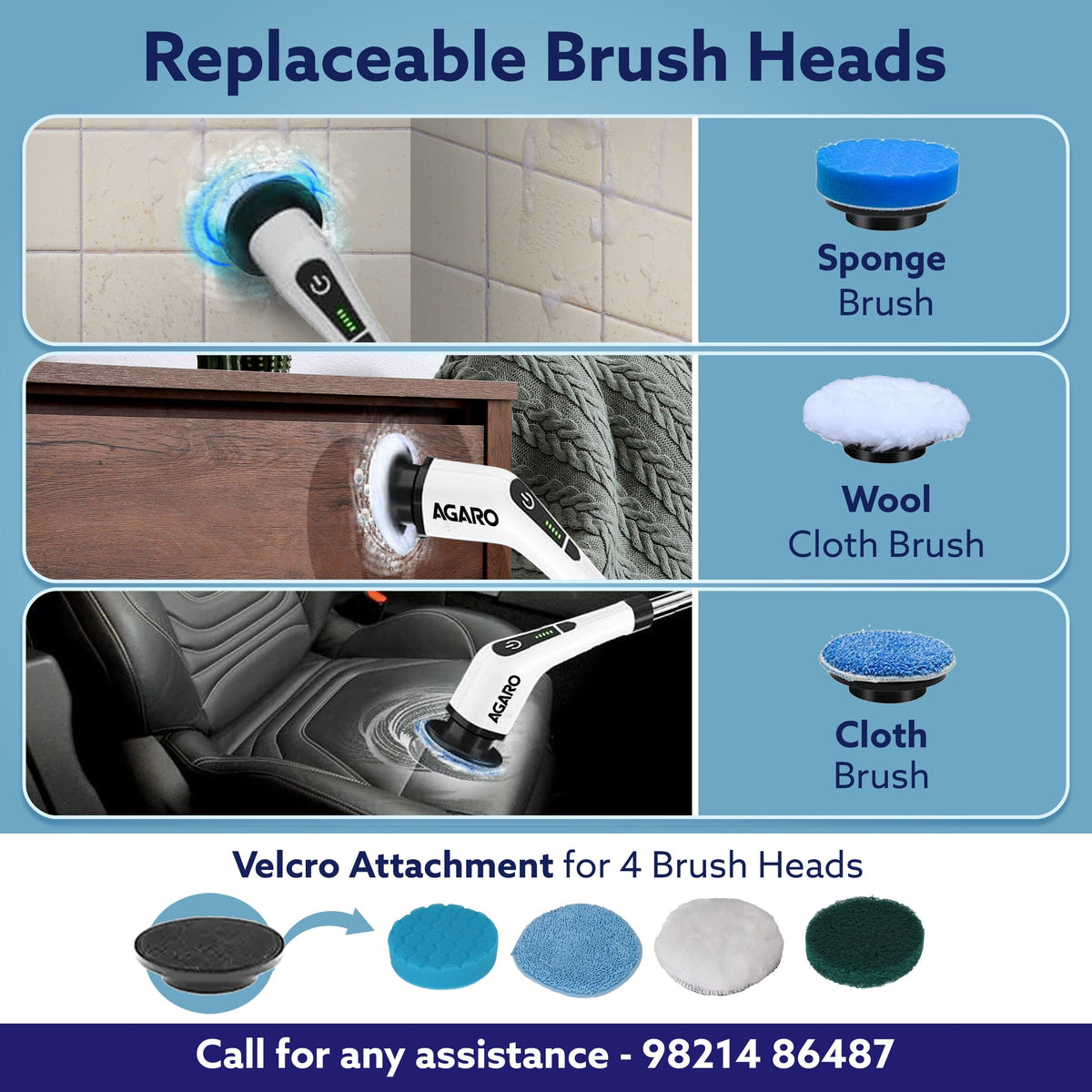 AGARO Royal Electric Spin Scrubber, Cleaning Brush Scrubber for Home, 300RPM/Min, 8 Replaceable Brush Heads, 90 Min Work Time, 3 Adjustable Size, 2 Adjustable Speeds, for Bathroom, Floor Tiles, White