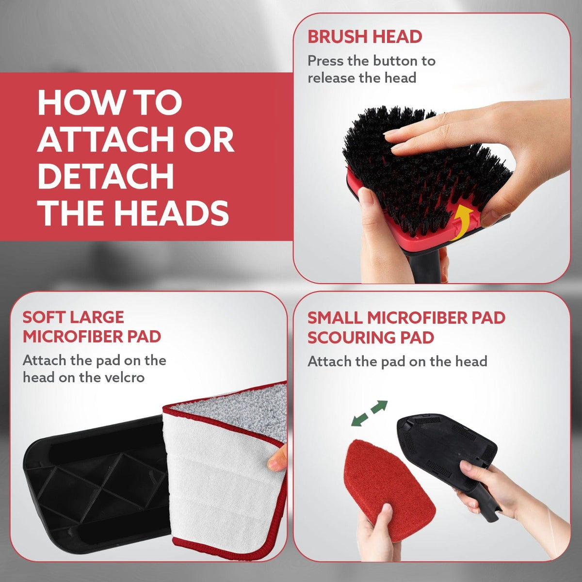Elite Cleaning Mop & Brush Set,  Bathroom Cleaning Brush with Long Handle, Hard Brush Microfiber Pad & Scrubber Combo For Tiles, Kitchen, Toilet, Window Glass, Extendable Pole, Detachable Head, Black & Red