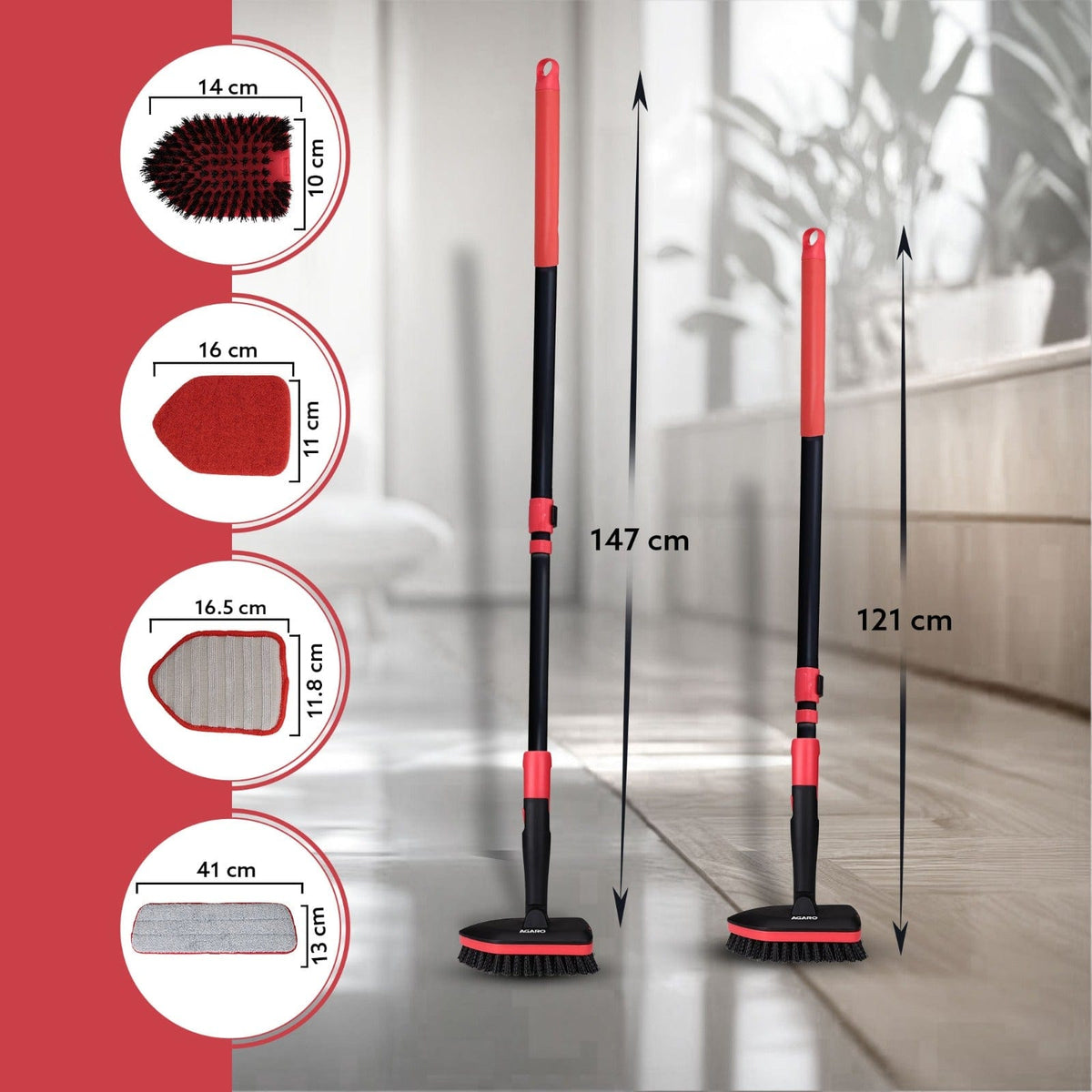 Elite Cleaning Mop & Brush Set,  Bathroom Cleaning Brush with Long Handle, Hard Brush Microfiber Pad & Scrubber Combo For Tiles, Kitchen, Toilet, Window Glass, Extendable Pole, Detachable Head, Black & Red