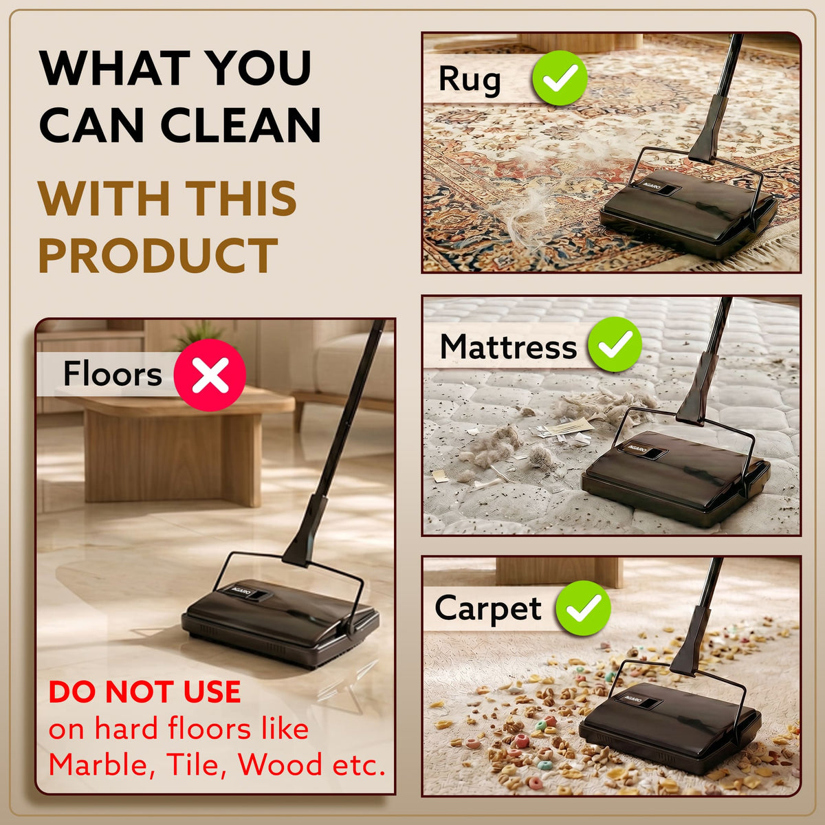 Delite Manual Carpet Cleaner for Pet Hair Rugs Mattresses – No Batteries, Push & Pull, Tangle-Free Brush, Easy-Dump Dustbin (Not for Hard Floors)