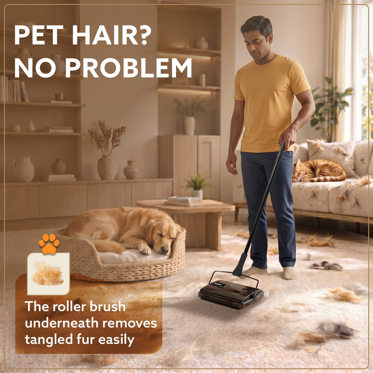 Delite Manual Carpet Cleaner for Pet Hair Rugs Mattresses – No Batteries, Push & Pull, Tangle-Free Brush, Easy-Dump Dustbin (Not for Hard Floors)