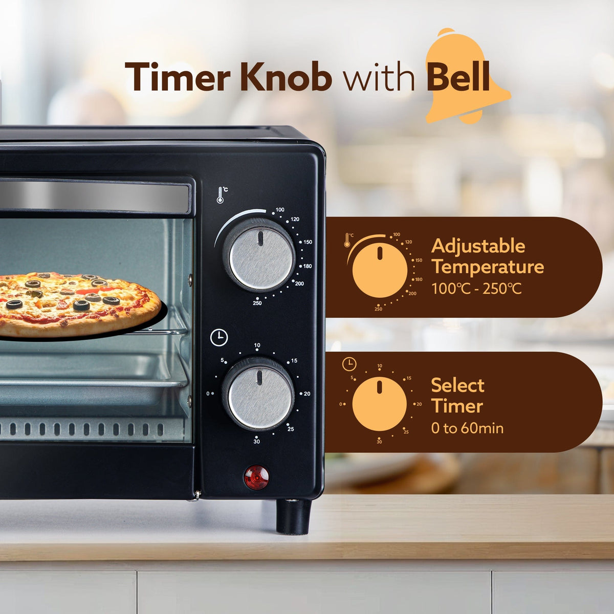 Marvel 9L OTG Oven 800W, Compact Toaster Griller for Baking, Toasting & Grilling, Adjustable 100°C-250°C, 30-Min Timer with Ready Bell, Auto Shut-Off, Tempered Glass Door, Bake Pan, Tong & Rack