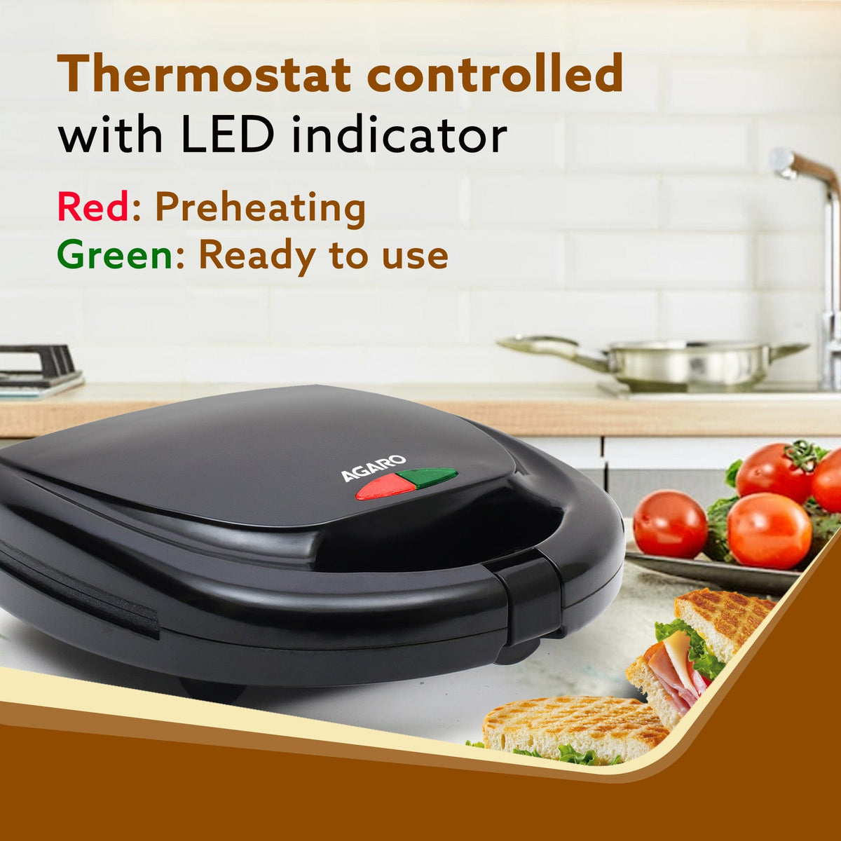 Delite Sandwich Maker, 750W, 4 Slice Non Stick Grill Plate, Power Indicator, Oil Free Toasting, Grilling, Black
