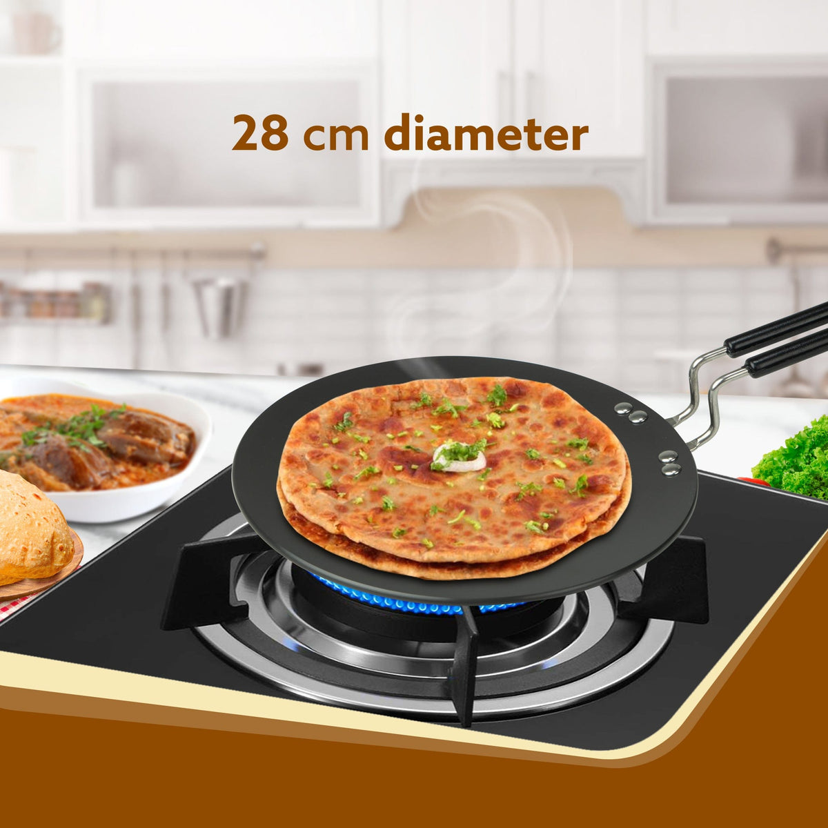 Elite Hard Anodised Tawa, 28cm  diameter, Riveted handle, 3 mm thick plate, Gas Oven Compatible, Cooking, Cookware, Black