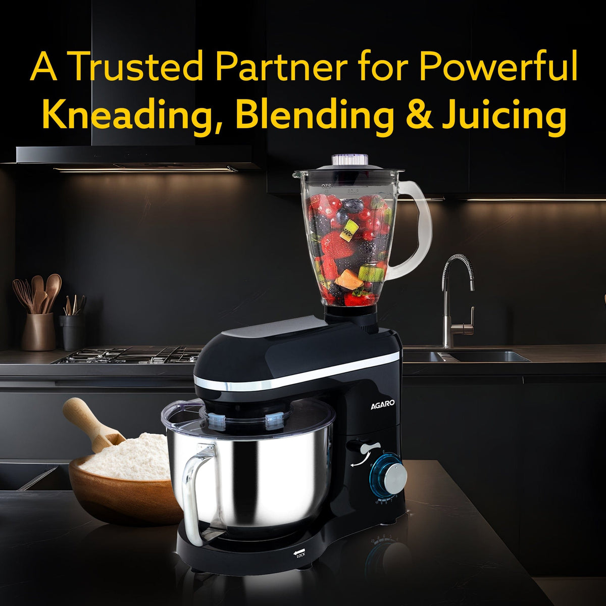 Imperial Stand Mixer,1400W with 6L SS Bowl, 1.5L Blending Jar, 100% Copper Motor, Includes Blending Jar, Whisker, Beater, Black