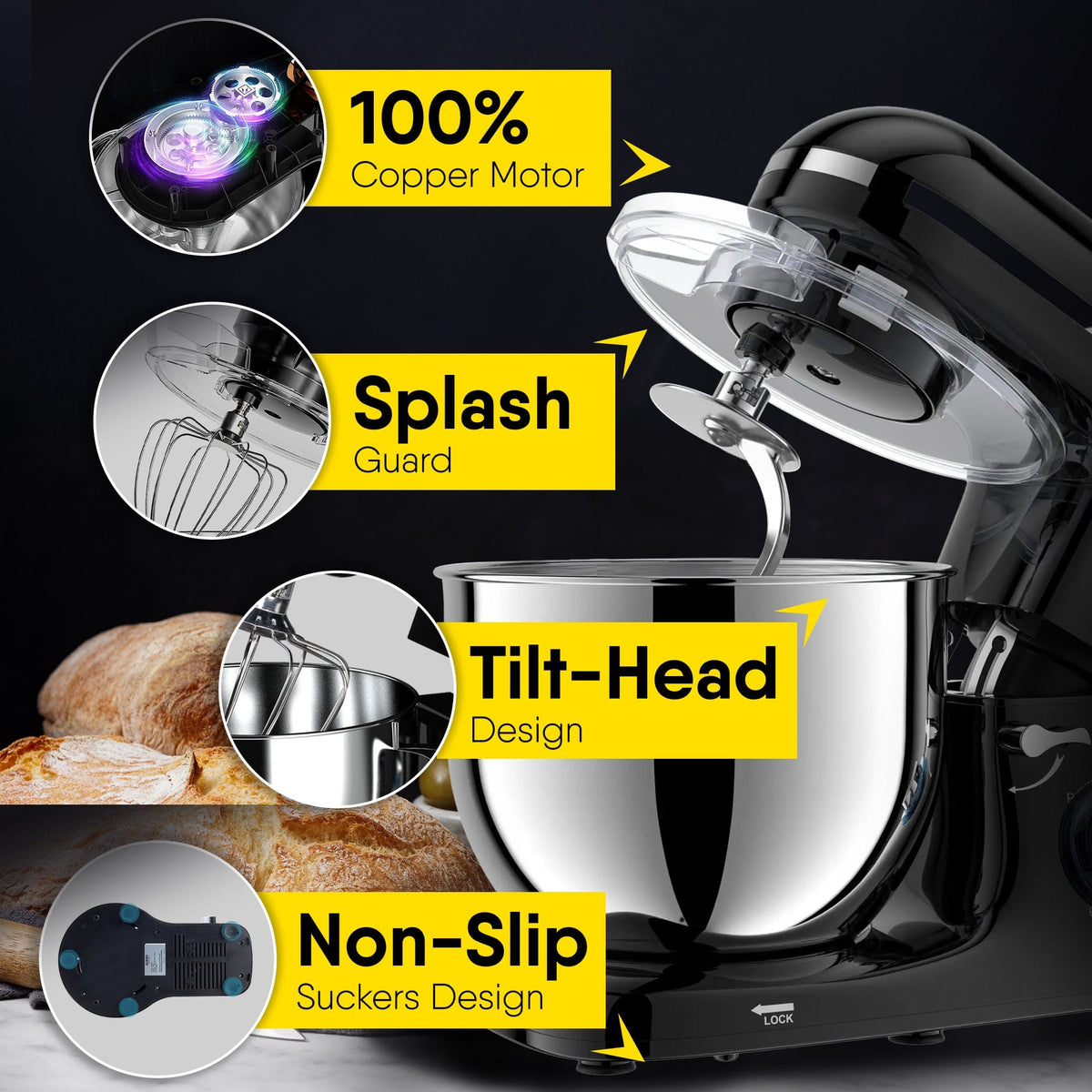 Imperial Stand Mixer,1400W with 6L SS Bowl, 1.5L Blending Jar, 100% Copper Motor, Includes Blending Jar, Whisker, Beater, Black