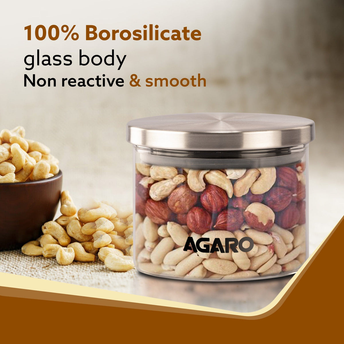 Elite Borosilicate Glass Jar 350 ml, Round Shaped, Steel Lid, Storage Glass Container, Transparent, Kitchen Organiser, Multipurpose Jar, Pack of 2