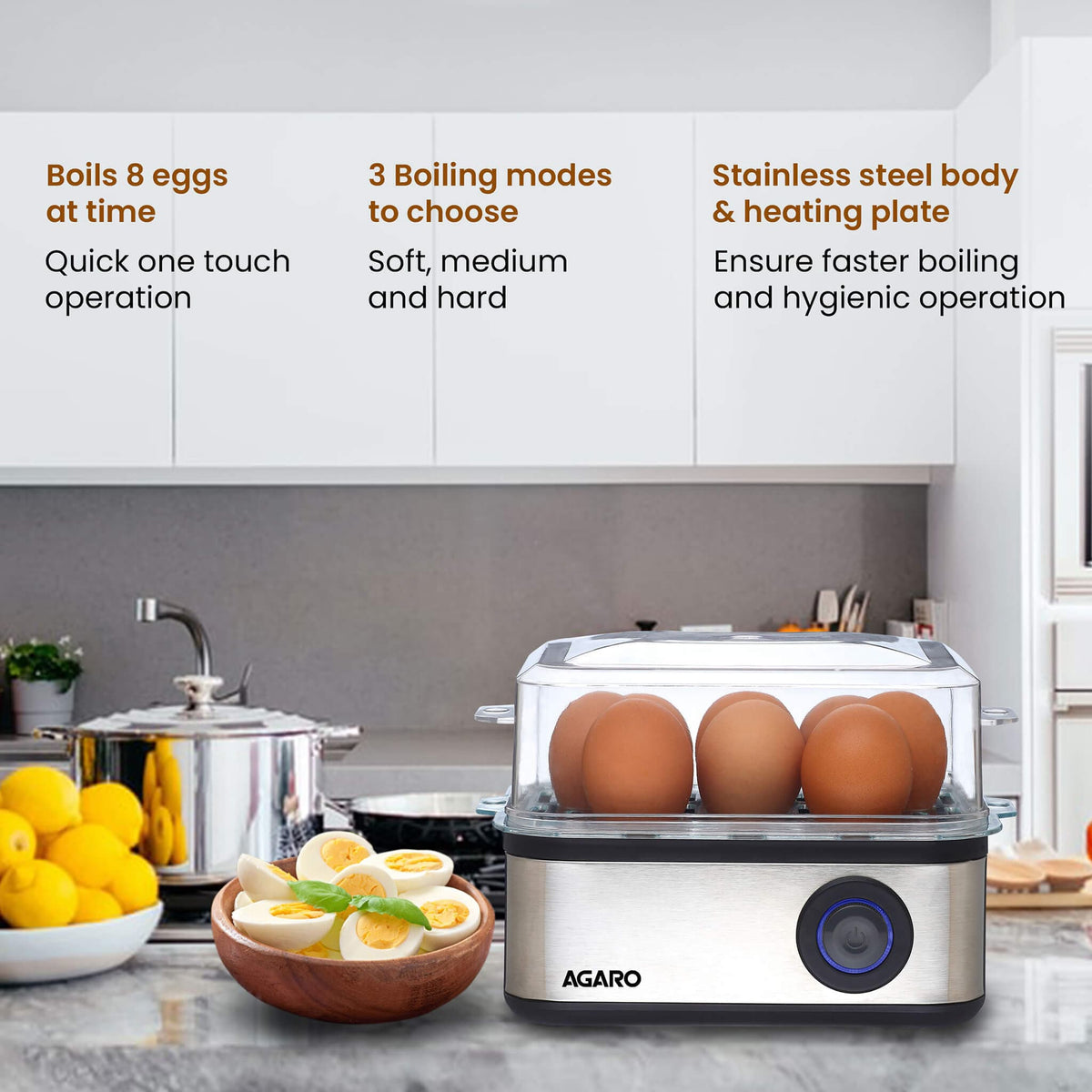 Grand Egg Boiler And Poacher 500W, Silver AGARO Agaro