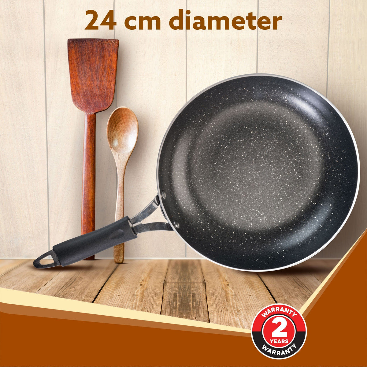Elegant Non Stick Frying Pan, 2.25L Capacity, 24 cm Diameter, Induction and Gas Oven Friendly, Riveted Cool Touch Handle, Granite Finish, PFOA Free, 4mm Thick, Cooking, Frying, cookware, Black