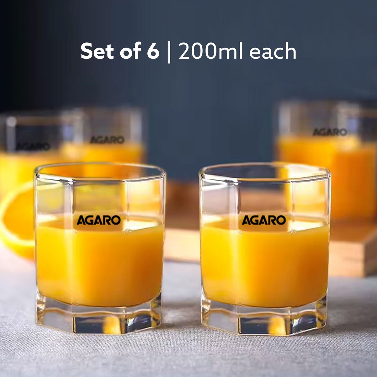 Elegant Octagonal Glass 200ml set of 6, Juice and Water Drinking Glass Transparent
