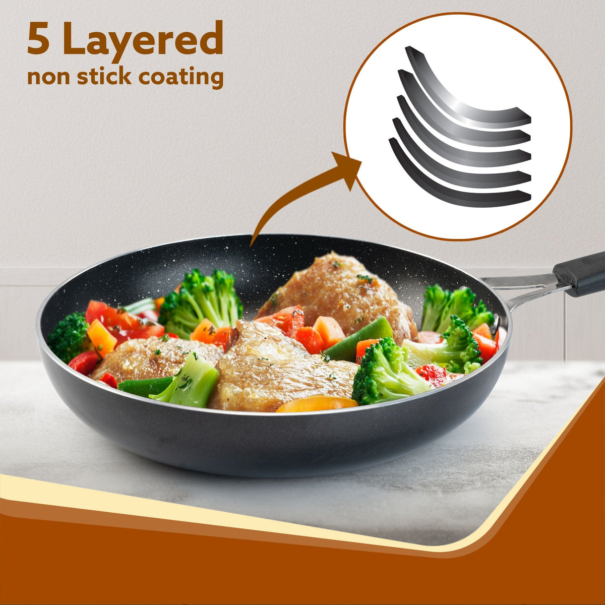Elegant Non Stick Frying Pan, 2.25L Capacity, 24 cm Diameter, Induction and Gas Oven Friendly, Riveted Cool Touch Handle, Granite Finish, PFOA Free, 4mm Thick, Cooking, Frying, cookware, Black