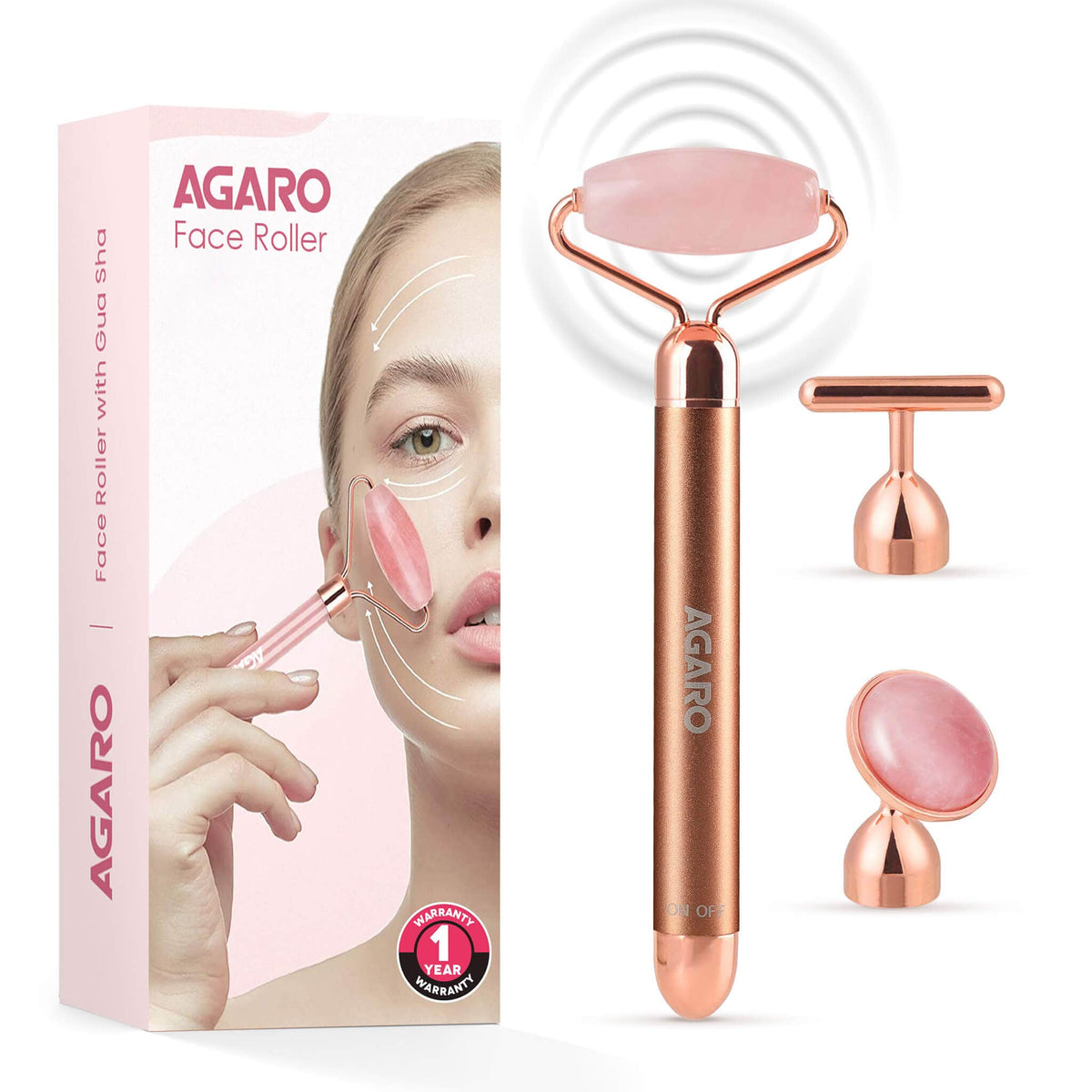 3-In-1 Electric Rose Quartz Face Roller, Facial Roller Kit for Face, Eye, Neck, Anti-Aging Facial Massager for Anti-Wrinkles, Skin Firming and Lifting, (Rose Gold)