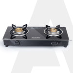 Elite 2 Burners Gas Stove, Toughened Glass Top, Round Brass Burners, 1 Small & 1 Medium Size Burner, Spill Proof Fixed Drip Tray, Manual Ignition, Kitchen Use, Regular Cooking Use, Black