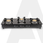 Elite 3 Burners Gas Stove, Toughened Glass Top, Round Brass Burners, 1 Small, 1 Medium & 1 Big Size Burner, Spill Proof Fixed Drip Tray, Manual Ignition, Kitchen Use, Regular Cooking Use, Black