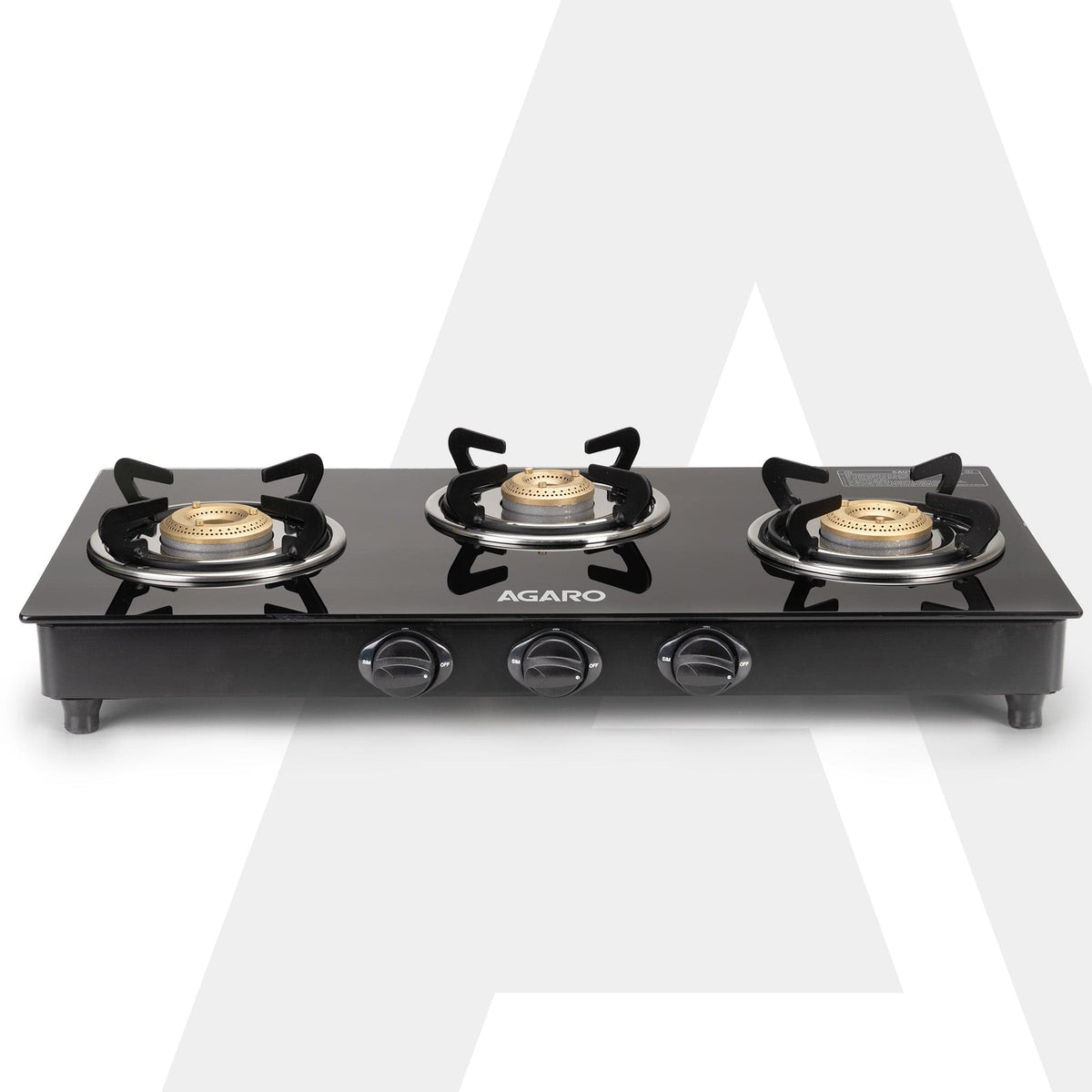 Elite 3 Burners Gas Stove, Toughened Glass Top, Round Brass Burners, 1 Small, 1 Medium & 1 Big Size Burner, Spill Proof Fixed Drip Tray, Manual Ignition, Kitchen Use, Regular Cooking Use, Black