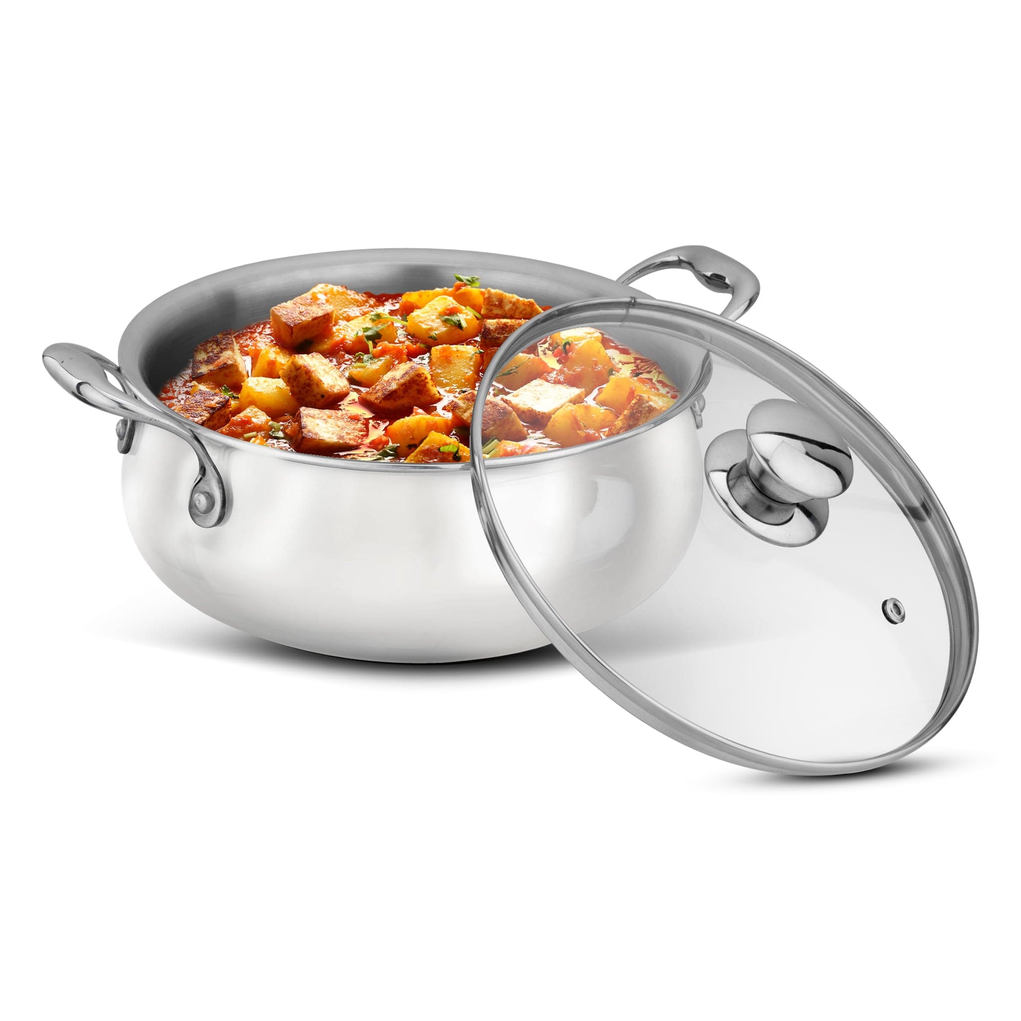 Regency Triply Stainless Steel Saucepot 2 Liter with Glass Lid, 2.5 mm Thick Body, Induction & Gas Compatible, Rivetted Handle
