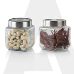 Elegant Cube Jar 580 ml, Square Shaped, Transparent Lid With Steel Finish, Storage Glass Container, Transparent, Kitchen Organiser, Multipurpose Jar, Pack of 2
