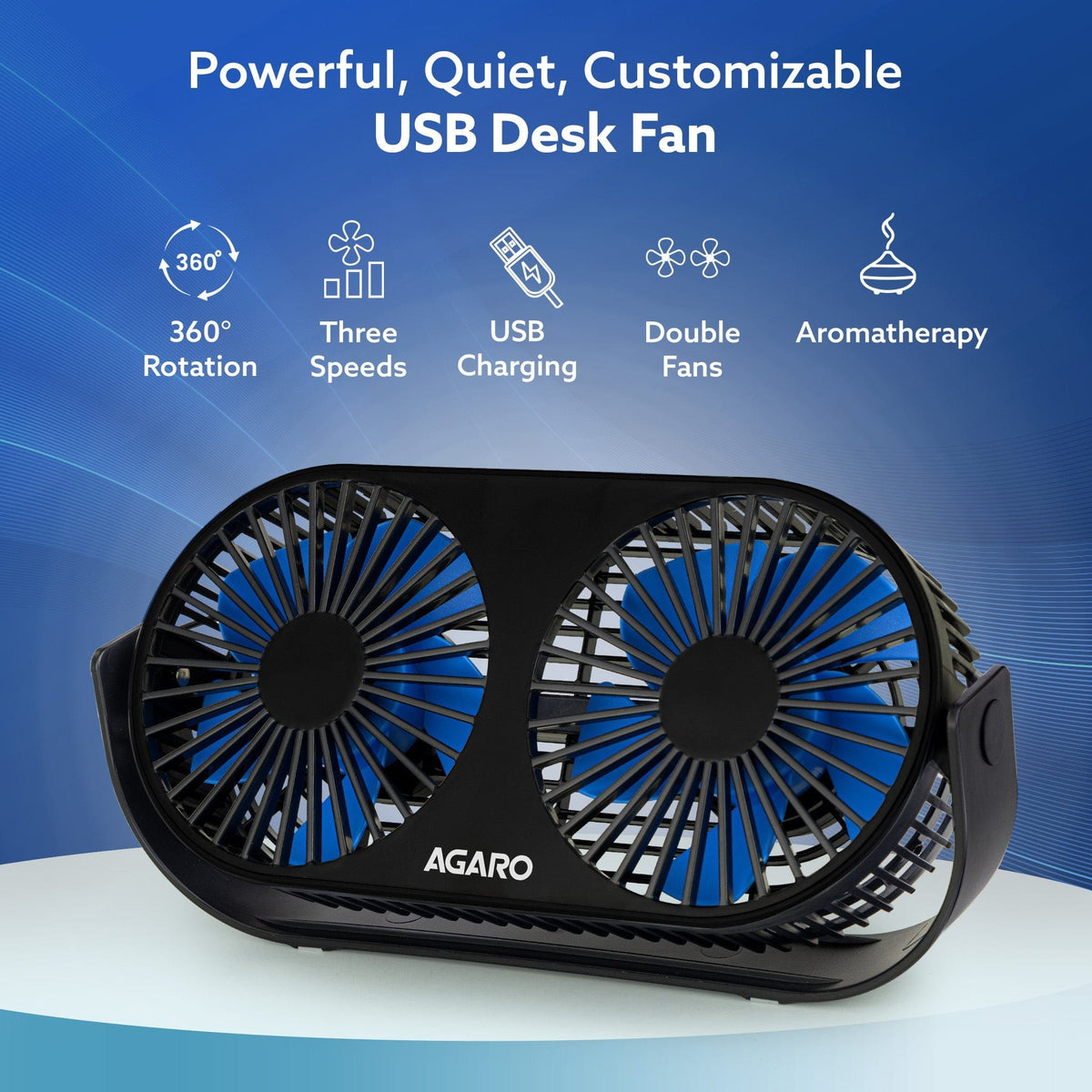 Signify USB Desk Twin Fan, Portable Dual Table Cooling Fan with 5 Blades & 3 Speed Option, USB Powered, Dual Mode, Ultra Quiet, Aromatherapy, Rotatable Table Desk Fan for Home, Office, Black