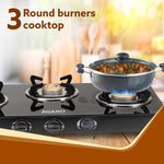 Elite 3 Burners Gas Stove, Toughened Glass Top, Round Brass Burners, 1 Small, 1 Medium & 1 Big Size Burner, Spill Proof Fixed Drip Tray, Manual Ignition, Kitchen Use, Regular Cooking Use, Black