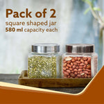 Elegant Cube Jar 580 ml, Square Shaped, Transparent Lid With Steel Finish, Storage Glass Container, Transparent, Kitchen Organiser, Multipurpose Jar, Pack of 2