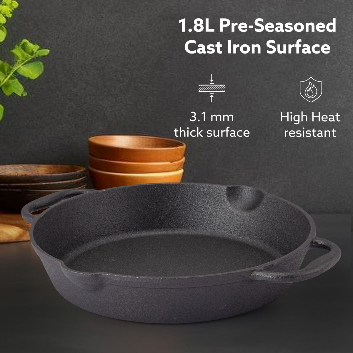 Royal Pre Seasoned Cast Iron Deep Fry Pan,25 cm Diameter,1.8L Capacity,No Chemical Coating,Rigid Handles,Fast Heating,Heavy Weight,Gas Oven & Induction Compatible,Frying,Deep Frying,Black