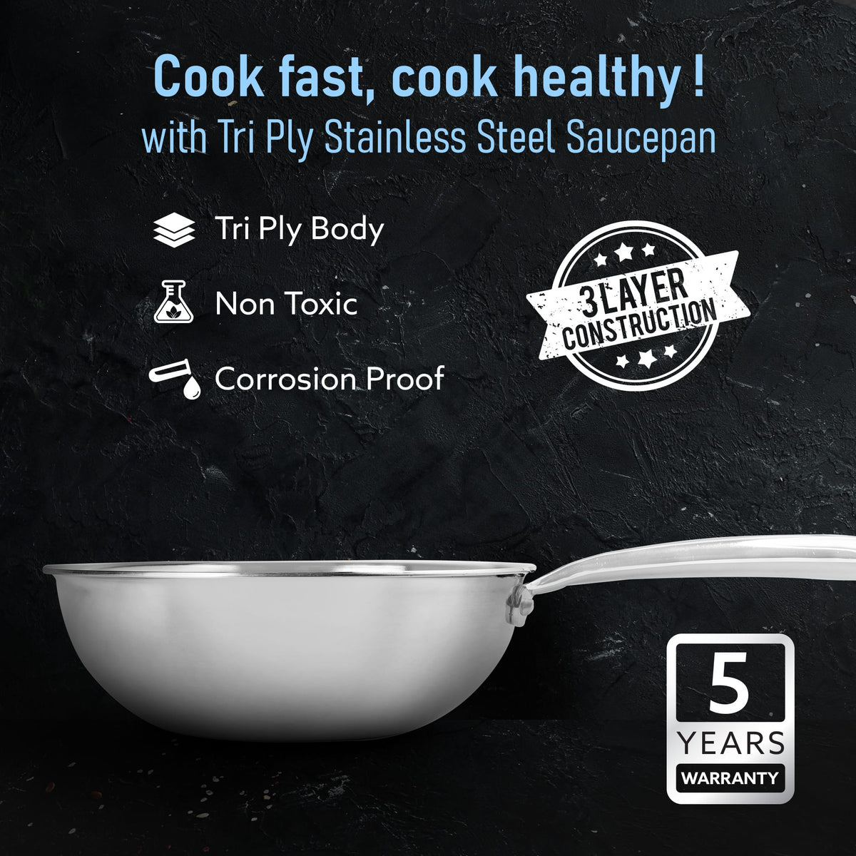Stainless Steel Regency Triply Wok 20CM, 1.5L