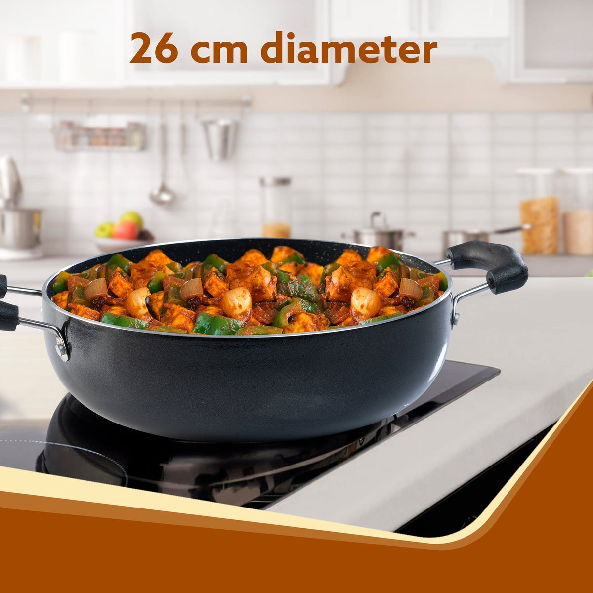 Elegant Non Stick Kadai with Glass Lid, 3.5L Capacity, 26 cm Diameter, Induction & Gas Oven Friendly, 3mm Thick, Riveted Cool Touch Handle, Granite Finish,  PFOA Free, Cooking, Frying, Serving, cookware, Black