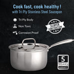 Regency Triply Steel Saucepan With Lid 14 cm, Triple Layered Stainless Steel Body,  1.25L Capacity, 2.5mm Thick Body, Sturdy Handle, Induction & Gas Compatible, Tea, Chai Pan