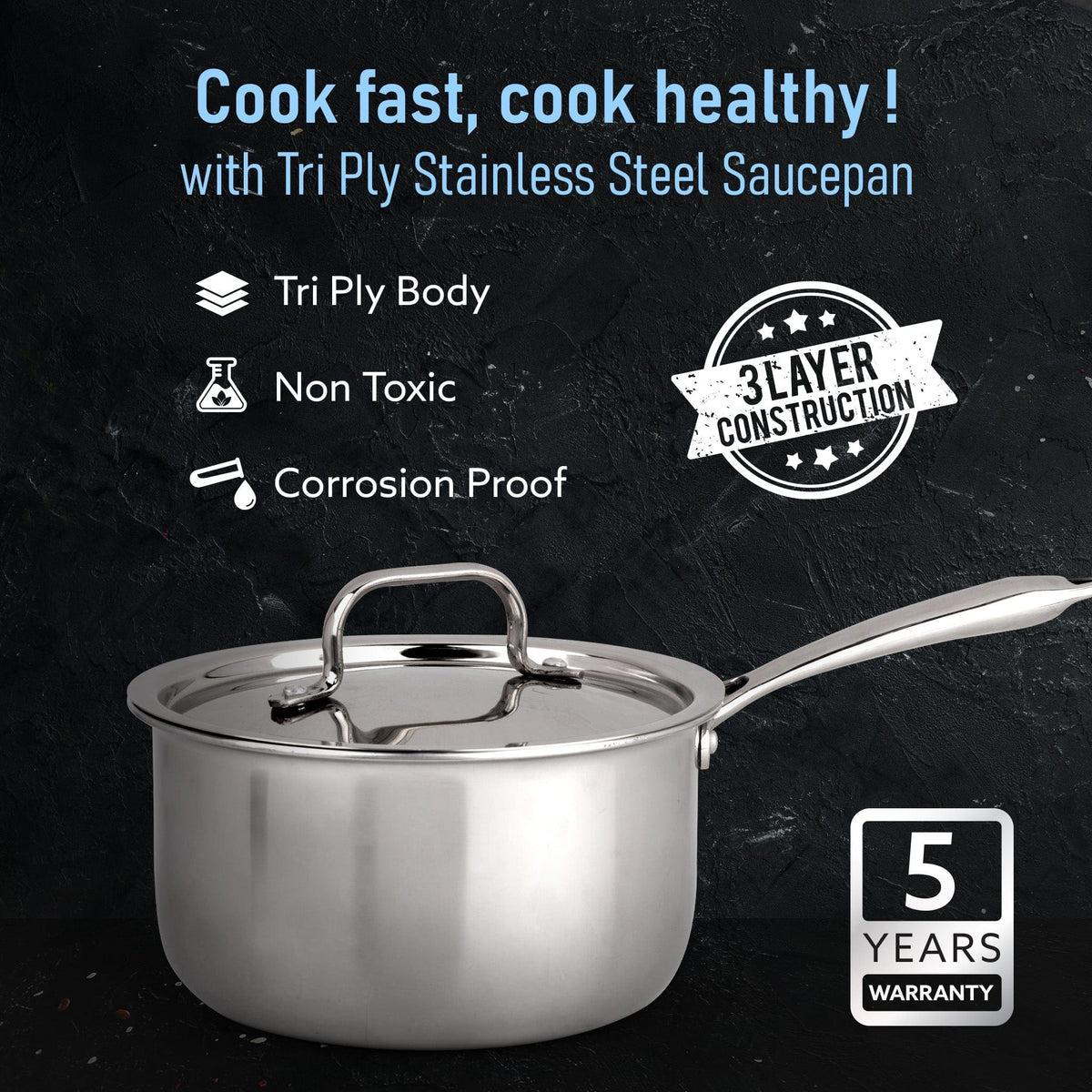 Regency Triply Steel Saucepan With Lid 14 cm, Triple Layered Stainless Steel Body,  1.25L Capacity, 2.5mm Thick Body, Sturdy Handle, Induction & Gas Compatible, Tea, Chai Pan