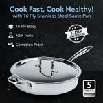 Regency Triply Saute Pan 2.5L with Lid, 26 cm, Rivetted & Stay Cool Handle, Fast Heat Absorb & Retain, Food Safe, Durable, Curry, Stir-Fry, Deep Fry, Saute, Non Toxic, 5 Year Warranty, 2.5 mm