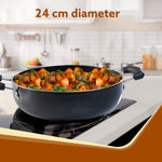 Elegant Non Stick Kadai with Glass Lid, 2.5L Capacity, 24 cm Diameter, Induction & Gas Oven Friendly, 3mm Thick, Riveted Cool Touch Handle, Granite Finish,  PFOA Free, Cooking, Frying, Serving, cookware, Black