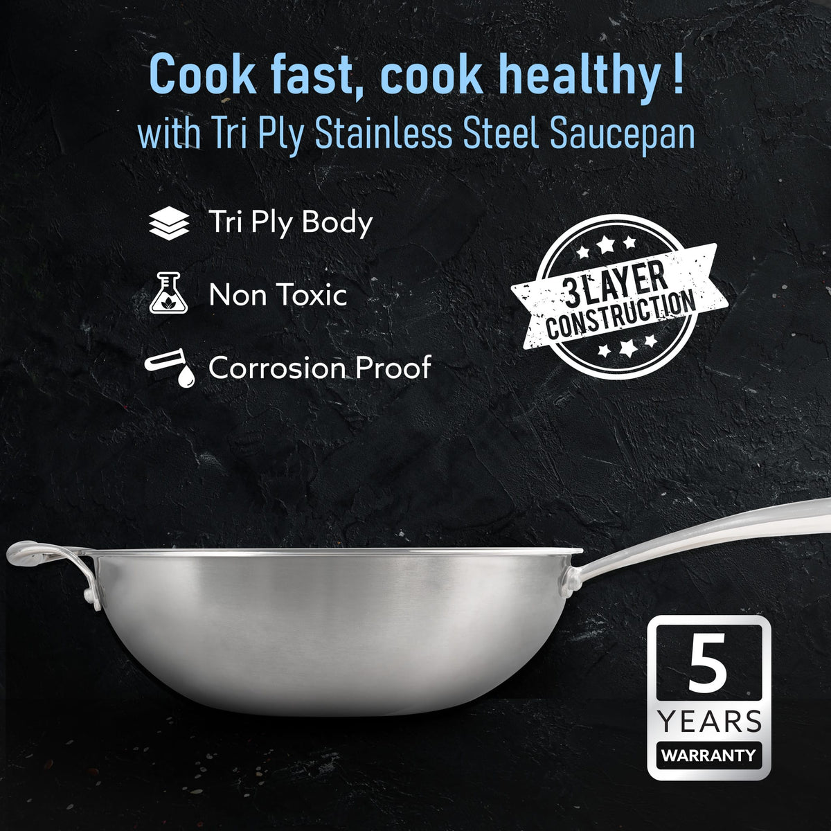 Stainless Steel Regency Triply Wok 26CM, 3.0L