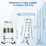5.0m (16.5 ft) Aluminium Telescopic Ladder, 8x2 Steps Foldable Ladder, EN131 Certified, A Type Ladder, Lightweight, Collapsible, Max Load up to 150 Kgs, 5 Meters, 16.5 ft Silver