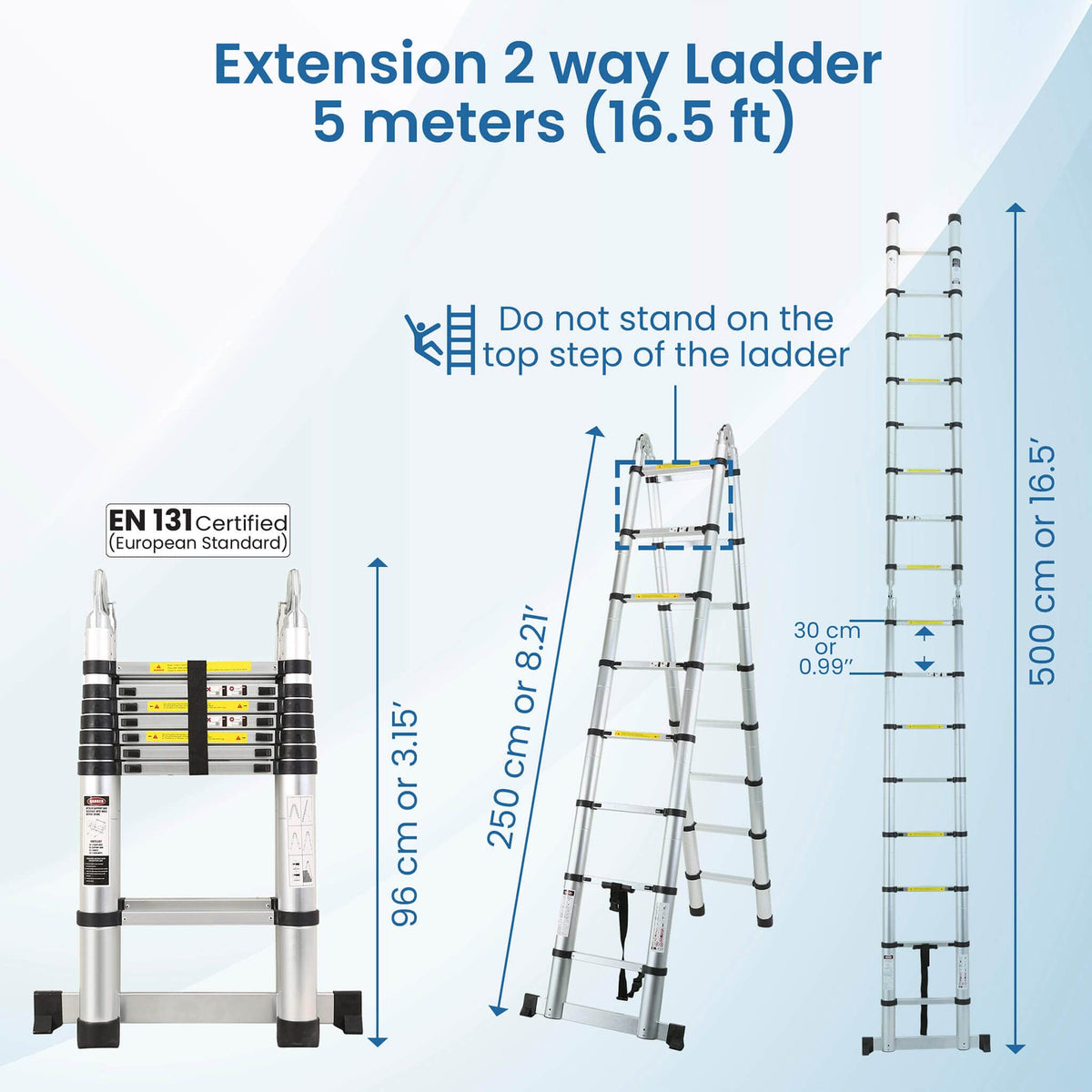 5.0m (16.5 ft) Aluminium Telescopic Ladder, 8x2 Steps Foldable Ladder, EN131 Certified, A Type Ladder, Lightweight, Collapsible, Max Load up to 150 Kgs, 5 Meters, 16.5 ft Silver