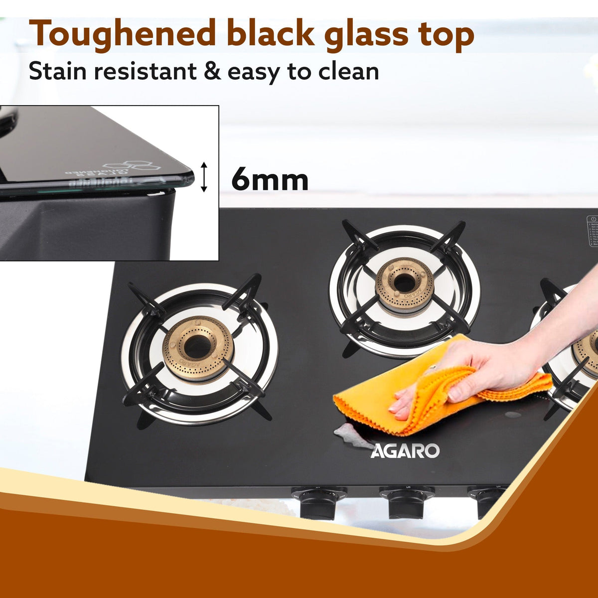 Elite 3 Burners Gas Stove, Toughened Glass Top, Round Brass Burners, 1 Small, 1 Medium & 1 Big Size Burner, Spill Proof Fixed Drip Tray, Manual Ignition, Kitchen Use, Regular Cooking Use, Black