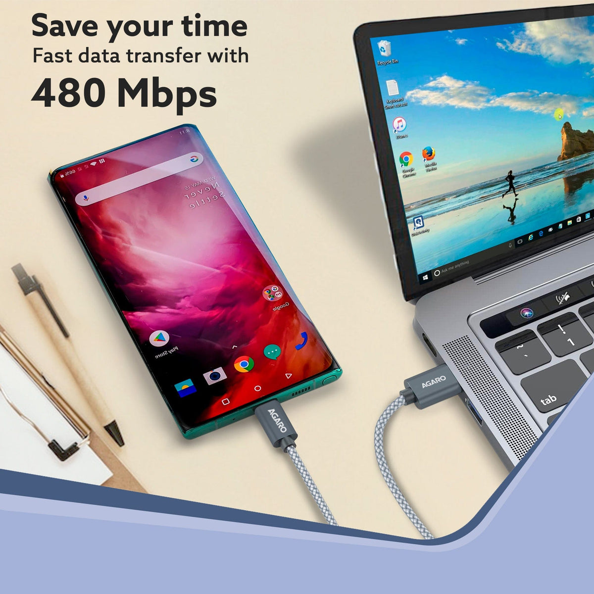 USB-A to Type C Cable, Unbreakable Braided Cable, 3A Fast Charging, Compatible with All Type C Devices Including Smartphones, Tablets, PD Technology, 1.5 M (4.9Ft), 480 Mbps Data Transmission