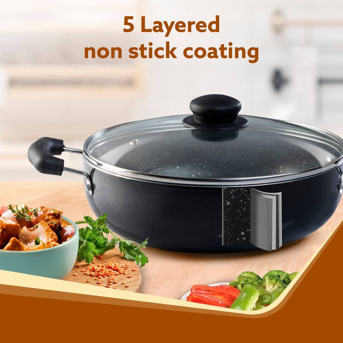 Elegant Non Stick Kadai with Glass Lid, 3.5L Capacity, 26 cm Diameter, Induction & Gas Oven Friendly, 3mm Thick, Riveted Cool Touch Handle, Granite Finish,  PFOA Free, Cooking, Frying, Serving, cookware, Black