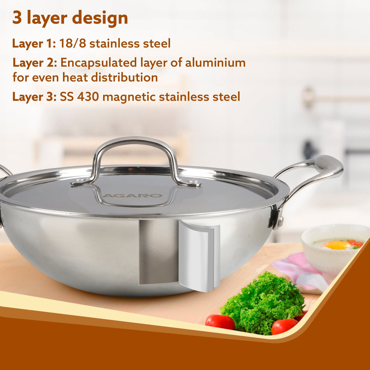 Regency Tri-Ply Steel Kadai, 2.25L Capacity, 24 cm Diameter, Stainless Steel, Riveted  Handle, Food Safe, Gas Oven and Induction Oven Compatible, Cooking, Frying, Serving, Silver