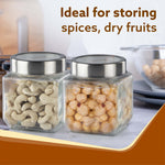 Elegant Cube Jar 580 ml, Square Shaped, Transparent Lid With Steel Finish, Storage Glass Container, Transparent, Kitchen Organiser, Multipurpose Jar, Pack of 2