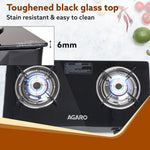 Elite 2 Burners Gas Stove, Toughened Glass Top, Round Brass Burners, 1 Small & 1 Medium Size Burner, Spill Proof Fixed Drip Tray, Manual Ignition, Kitchen Use, Regular Cooking Use, Black