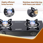 Elite 2 Burners Gas Stove, Toughened Glass Top, Round Brass Burners, 1 Small & 1 Medium Size Burner, Spill Proof Fixed Drip Tray, Manual Ignition, Kitchen Use, Regular Cooking Use, Black