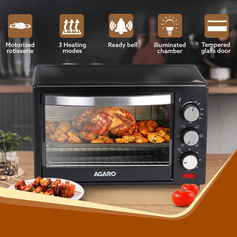 AGARO Marvel 19 Liters Oven Toaster Griller,Motorised Rotisserie Cake Baking Otg With 5 Heating Mode,(Black),1280 Watts