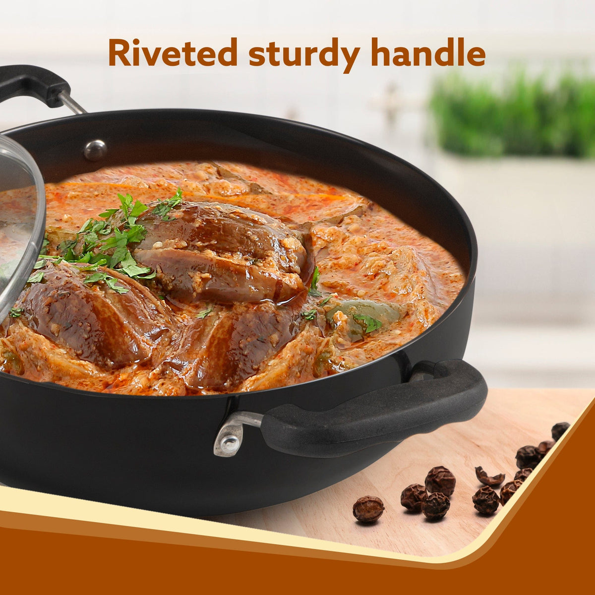 Elite Hard Anodised Kadhai With Glass Lid, 2.5L Capacity, 24 cm Diameter, Gas Oven Compatible, Riveted handle, 3mm thick plate, Cooking, Frying, Serving, Black