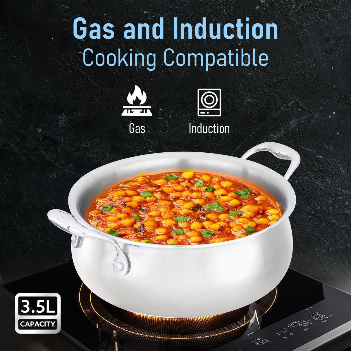 Regency Triply Stainless Steel Saucepot 3.5 Liter with Glass Lid, 2.5 mm Thick Body, Induction & Gas Compatible, Rivetted Handle