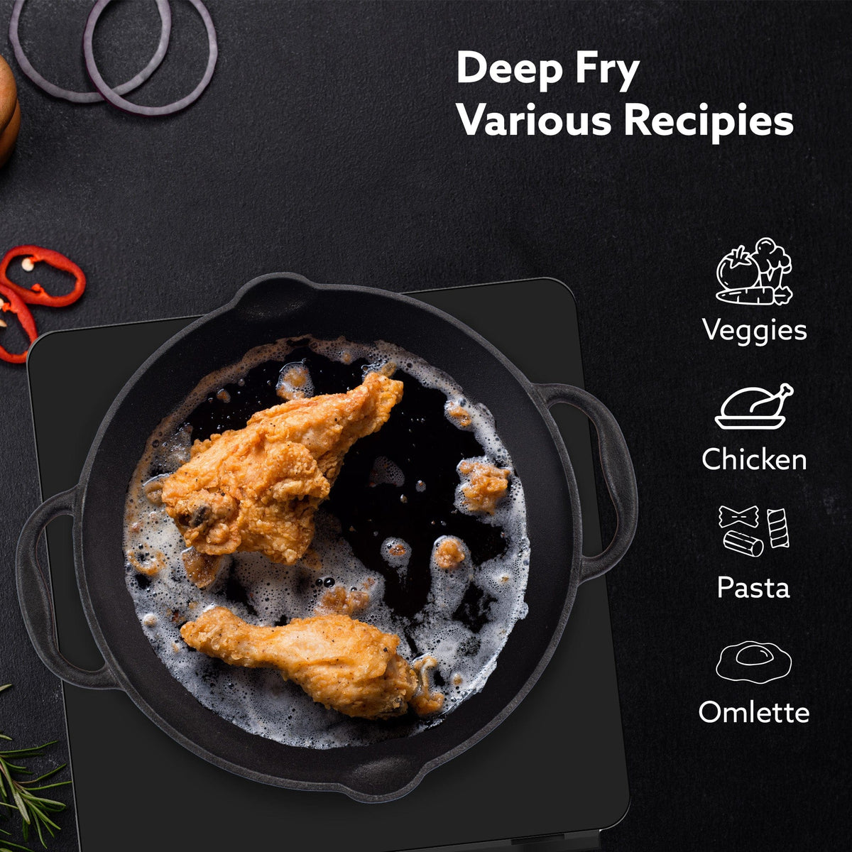Royal Pre Seasoned Cast Iron Deep Fry Pan,25 cm Diameter,1.8L Capacity,No Chemical Coating,Rigid Handles,Fast Heating,Heavy Weight,Gas Oven & Induction Compatible,Frying,Deep Frying,Black