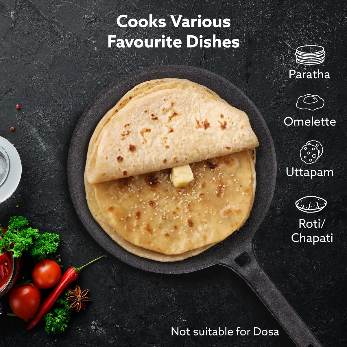 Royal Pre Seasoned Cast Iron Tawa, 26 CM Diameter, No Chemical Coating, Long Rigid Handle, Fast Heating, Heavy Weight, Gas Oven Compatible, Roti, Chapathi, Paratha, Omlette Maker,Black