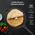 Royal Pre Seasoned Cast Iron Tawa, 28 Cm Diameter, No Chemical Coating, Long Rigid Handle, Fast Heating, Heavy Weight, Gas & Induction Oven Compatible, Roti, Omlette Maker, Black