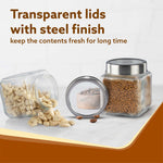 Elegant Cube Jar 580 ml, Square Shaped, Transparent Lid With Steel Finish, Storage Glass Container, Transparent, Kitchen Organiser, Multipurpose Jar, Pack of 2