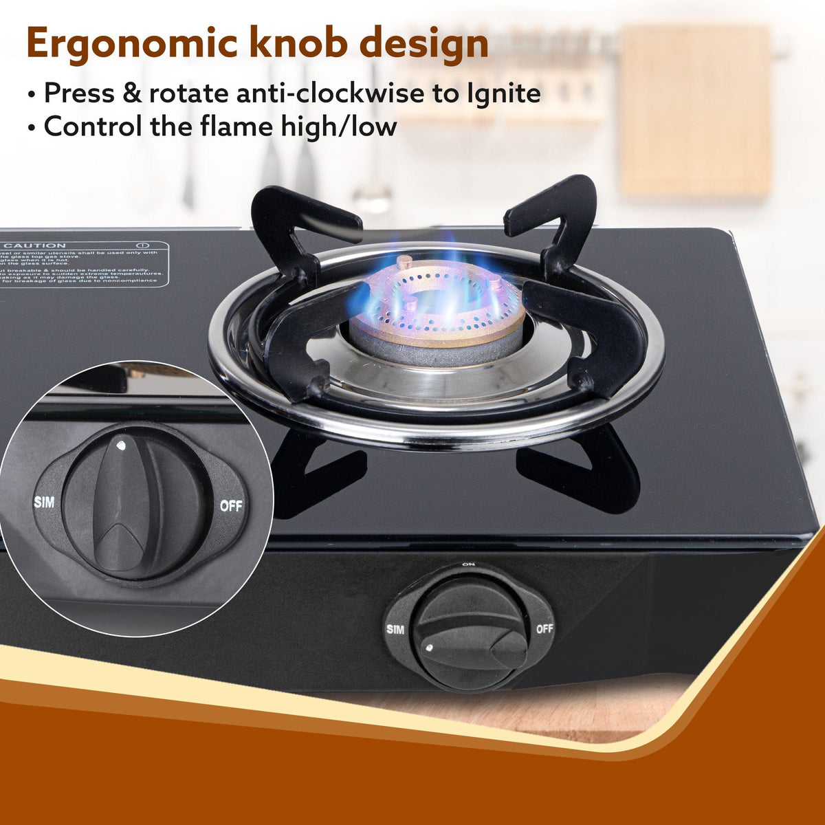Elite 3 Burners Gas Stove, Toughened Glass Top, Round Brass Burners, 1 Small, 1 Medium & 1 Big Size Burner, Spill Proof Fixed Drip Tray, Manual Ignition, Kitchen Use, Regular Cooking Use, Black
