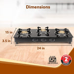Elite 3 Burners Gas Stove, Toughened Glass Top, Round Brass Burners, 1 Small, 1 Medium & 1 Big Size Burner, Spill Proof Fixed Drip Tray, Manual Ignition, Kitchen Use, Regular Cooking Use, Black